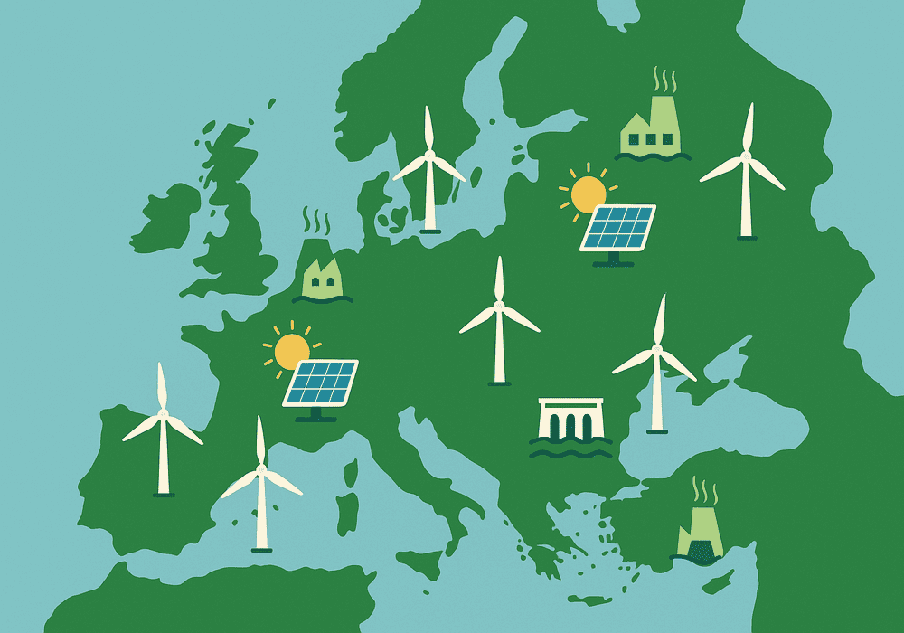 Mapa de Europa con energías renovables: paneles solares, aerogeneradores y fábricas sostenibles