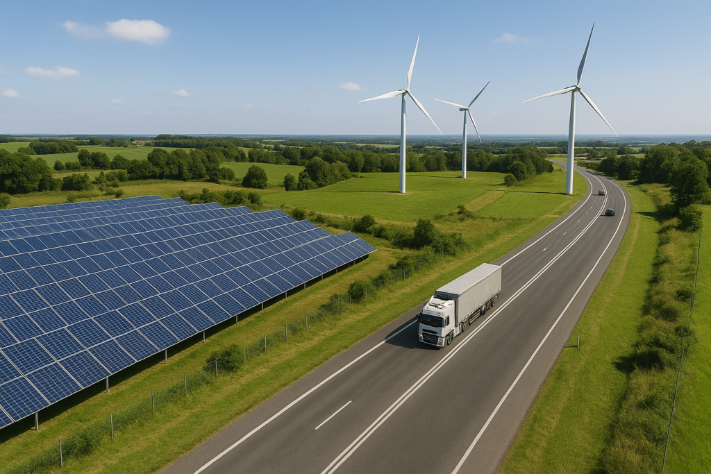 Infraestructura energética con energías renovables y transporte por carretera que representa la convivencia entre combustibles fósiles y renovables.