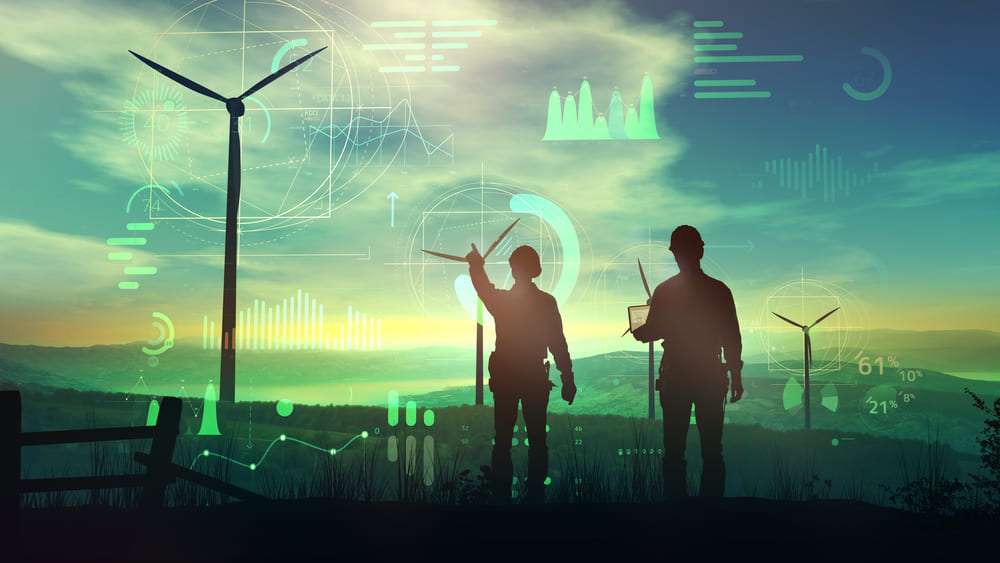 Conceptos del sector energético representado con energías renovables, datos y análisis del sistema energético
