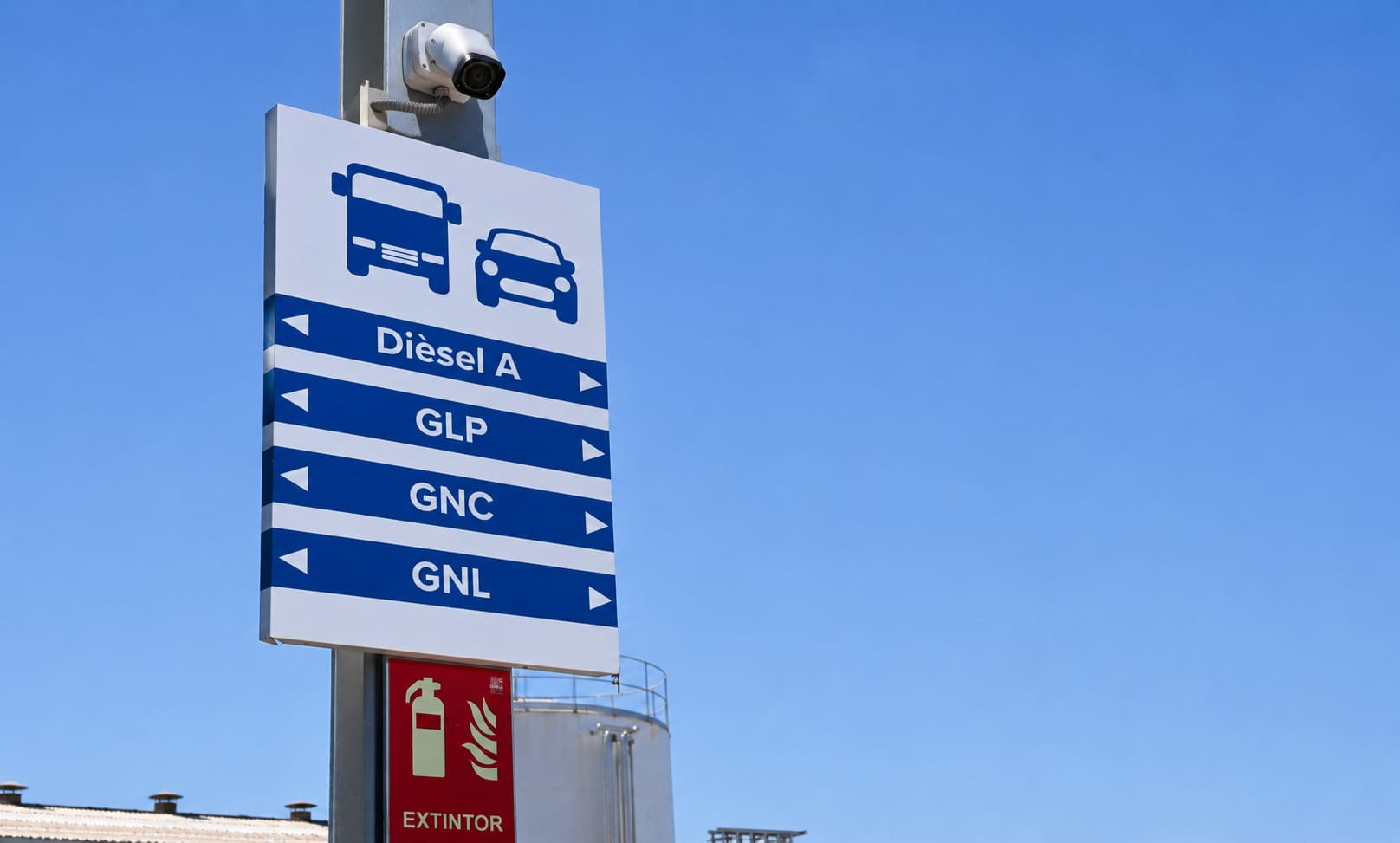 Cartel de estación de servicio Nieves Energía que muestra los diferentes tipos de petróleo.