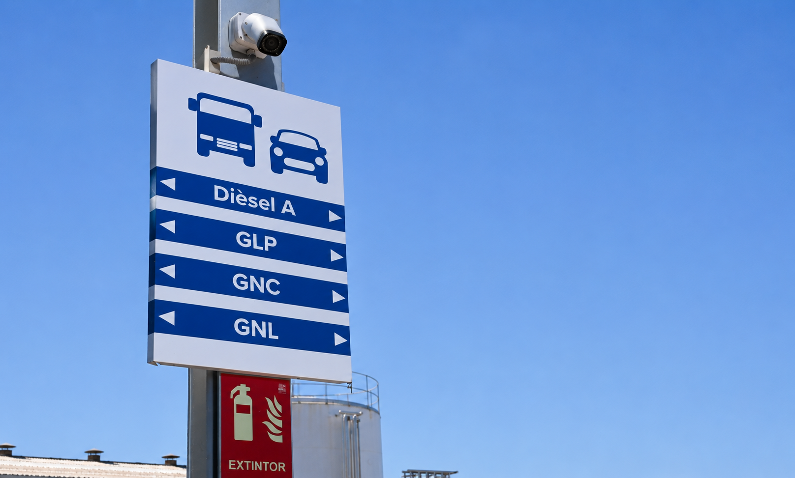 Cartel de estación de servicio Nieves Energía que muestra los diferentes tipos de petróleo.